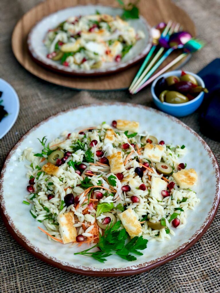 All seasons healthy orzo hallouni and olive refreshing salad