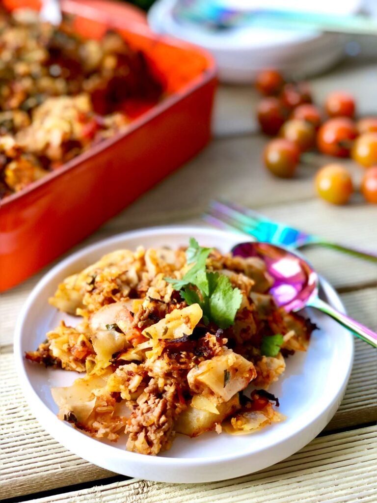 Cabbage casserole with mince beef, rice and fresh herbs