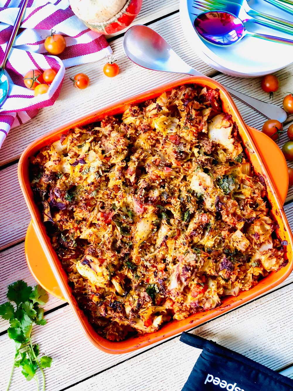 Cabbage casserole with beef mince and fresh herbs