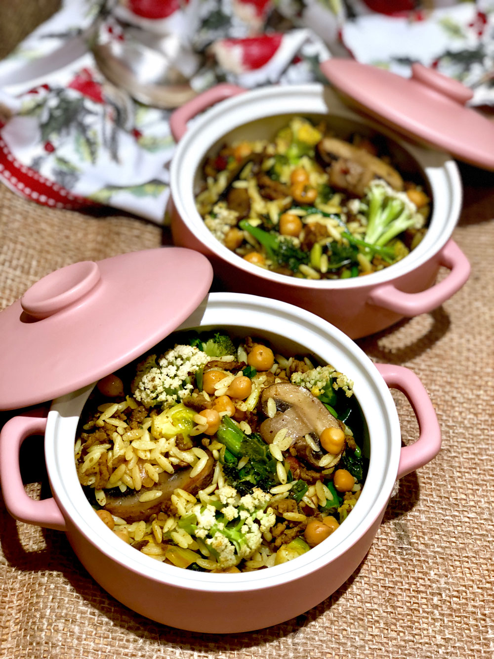 Curried orzo, ground beef, turmeric and sweet sprouting cauliflower