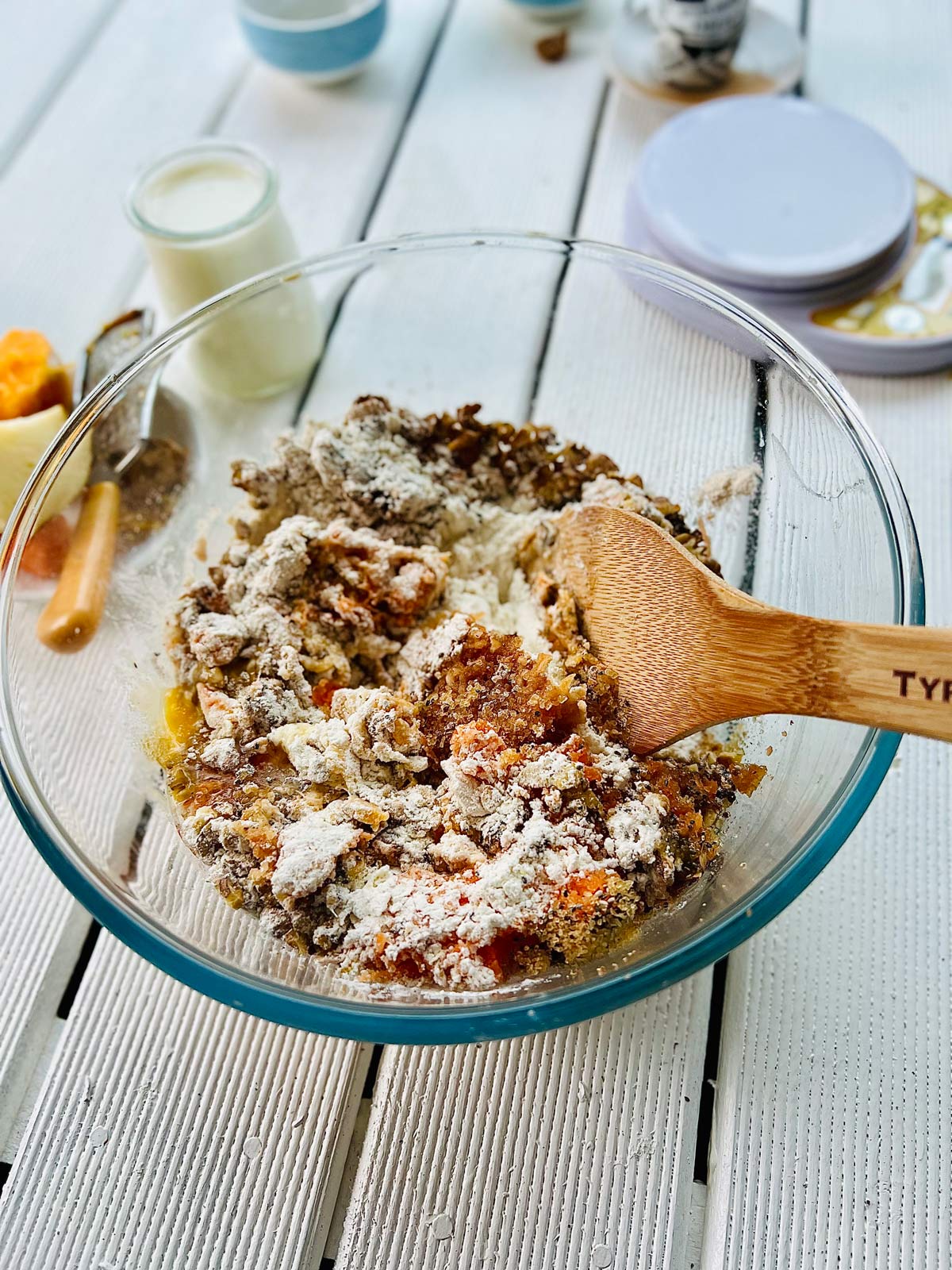 Mixed ingredients to make butternut squash pancakes