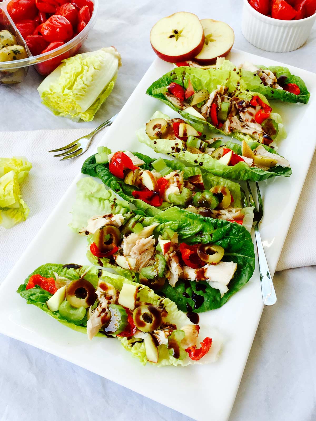 Gem lettuce, chicken and apple little boats