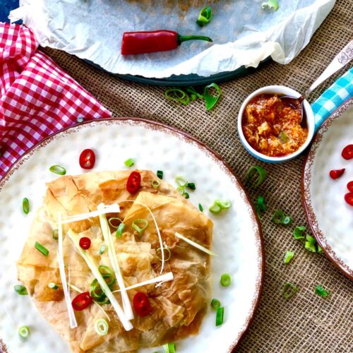 Giant potato and cauliflower filo samosa