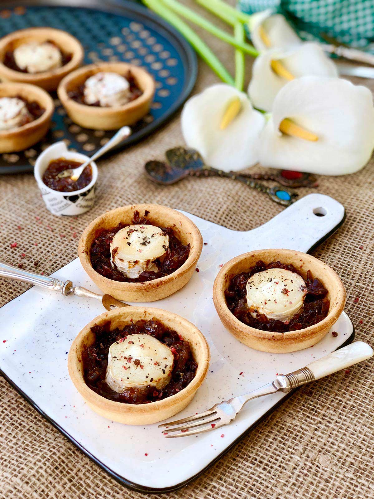 Goats cheese with homemade red onion chutney tartlets