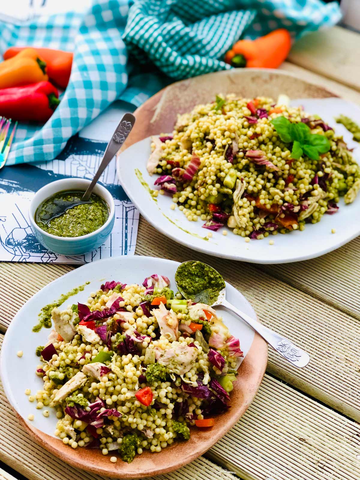 Healthy Chicken breast recipe with giant couscous, pesto sauce and radicchio