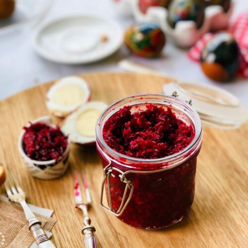 Homemade horseradish relish and roasted beetroot