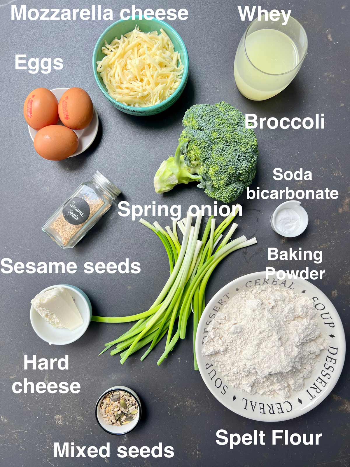 Ingredients needed for broccoli bread (eggs, cheese, whey, broccoli, sesame seeds, spring onion/scallions, soda carbonate, baking powder, hard cheese, organic spelt flour and mixed seeds).