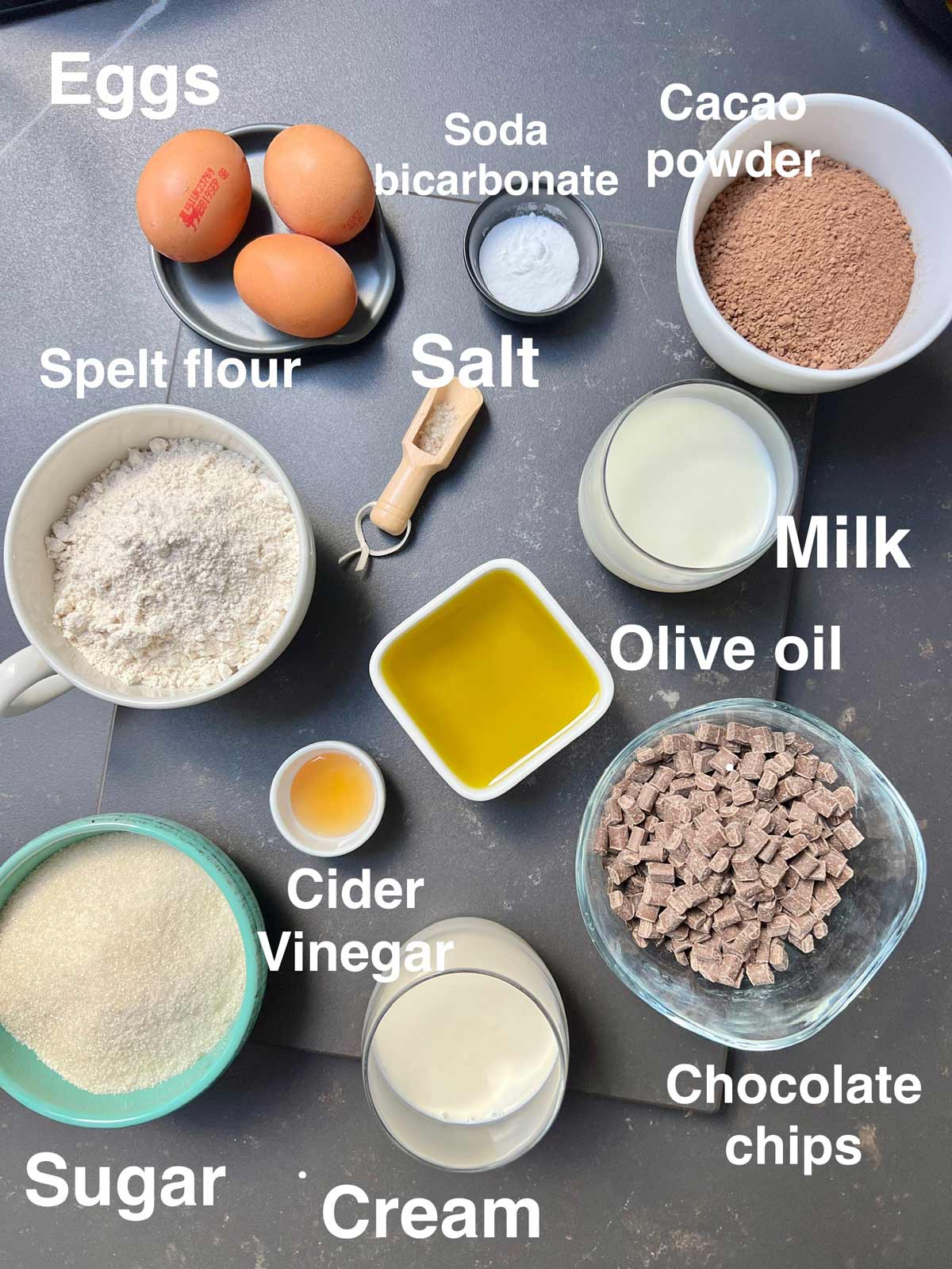Ingredients needed for moist chocolate cake.