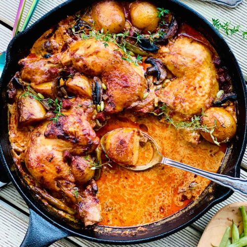 One-pot Chicken, chorizo and nduja bake