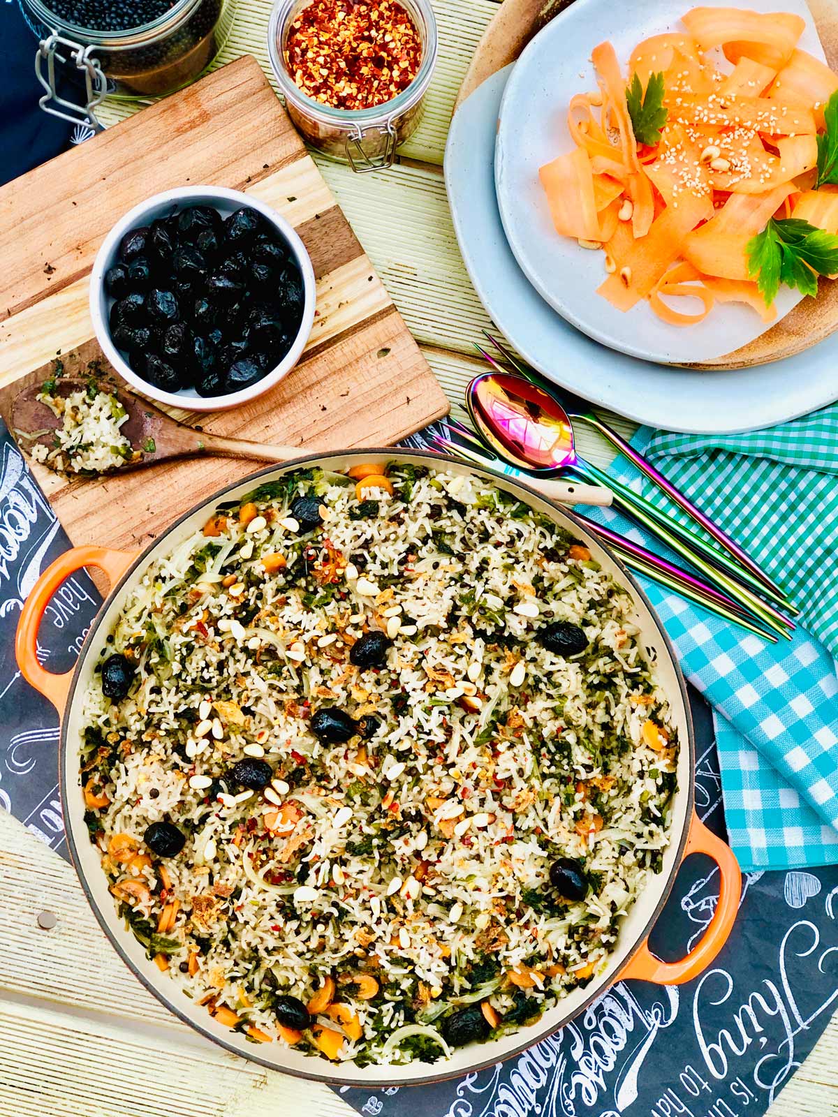 Pilau rice with wild garlic and stinging nettles