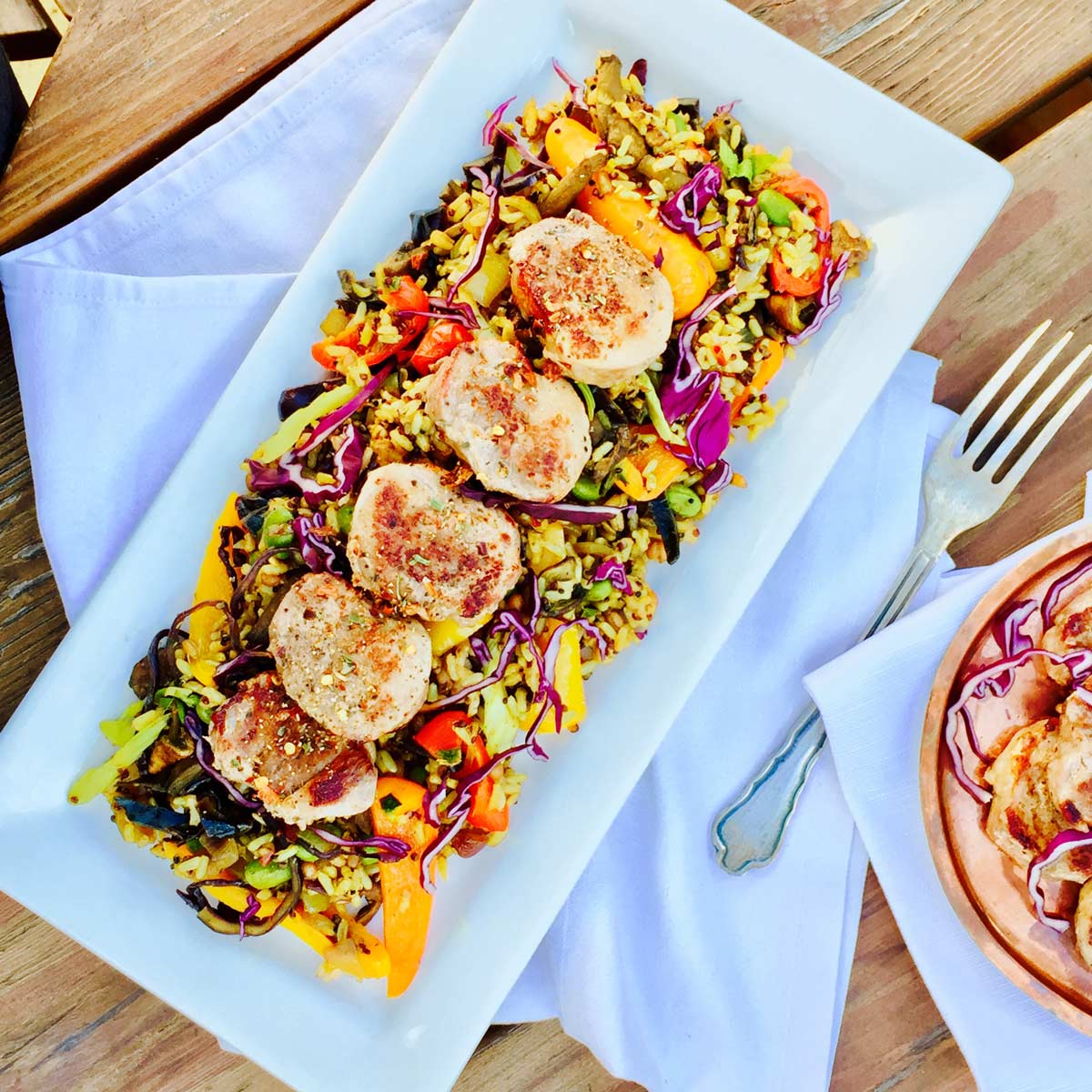 Pork medallions with steamed seven grains and seasonal vegetables