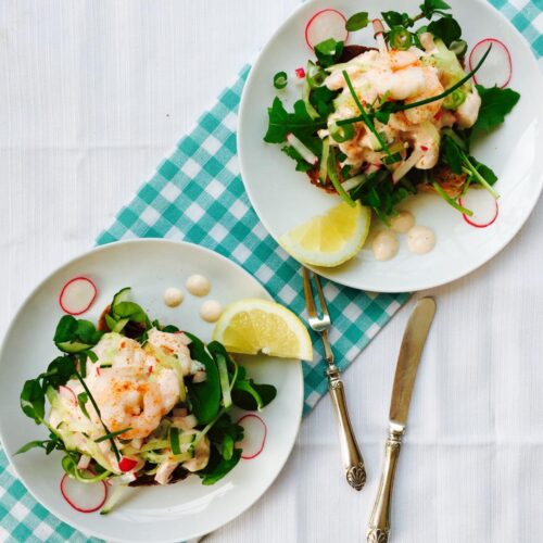 Prawn, radish and cucumber open sandwich