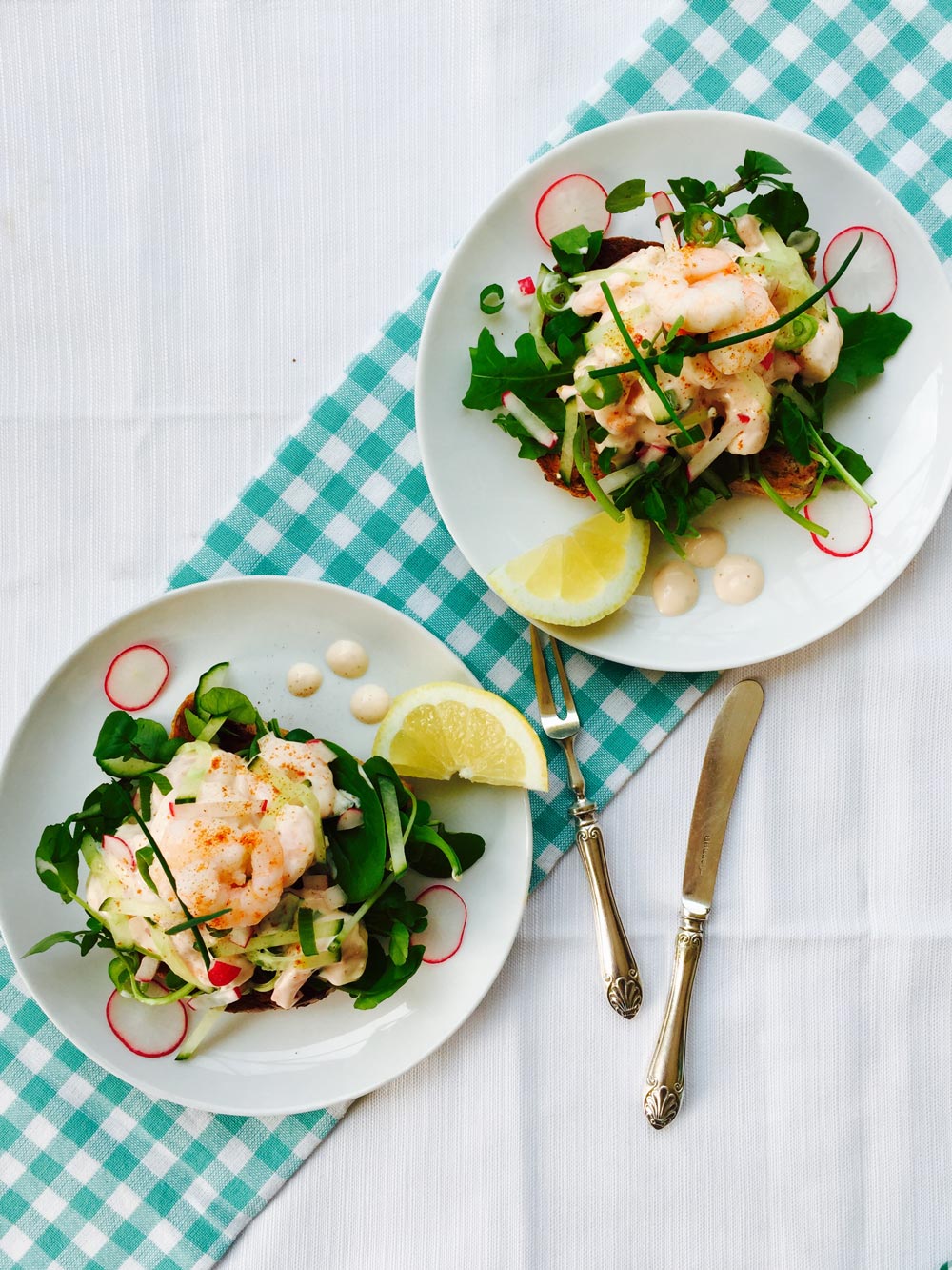 Prawn, radish and cucumber open sandwich