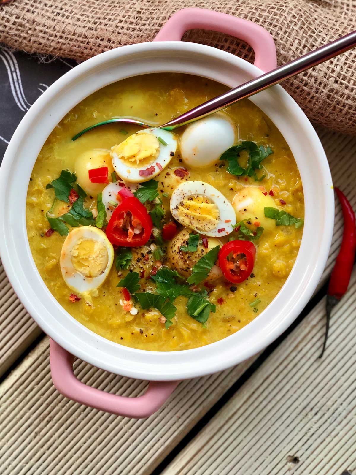 Red lentil dhal with coconut milk and quail eggs recipe