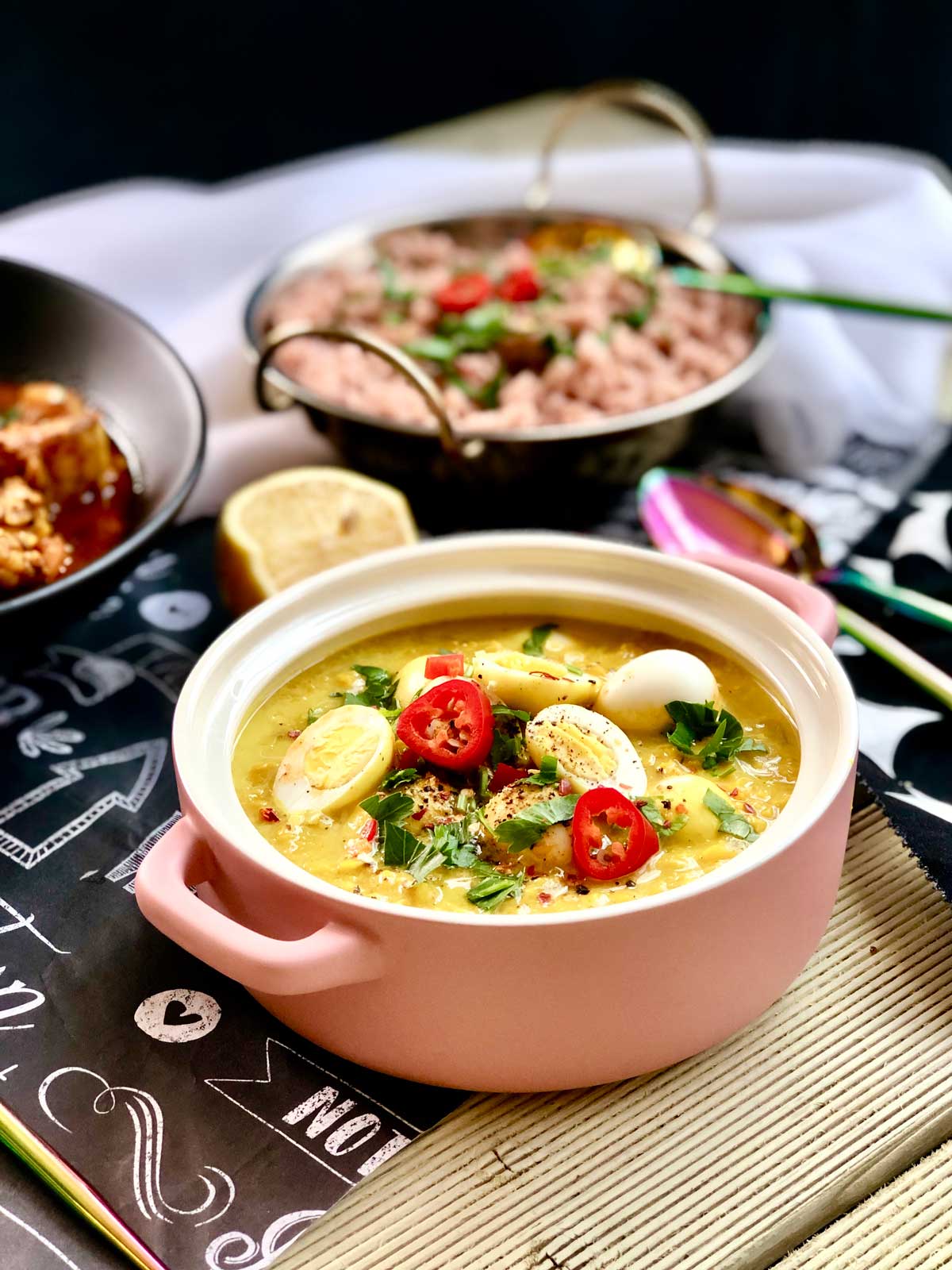 Red lentil dhal with coconut milk and quail eggs