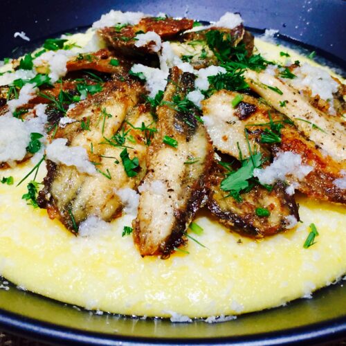 sardine and polenta with garlic and cheese