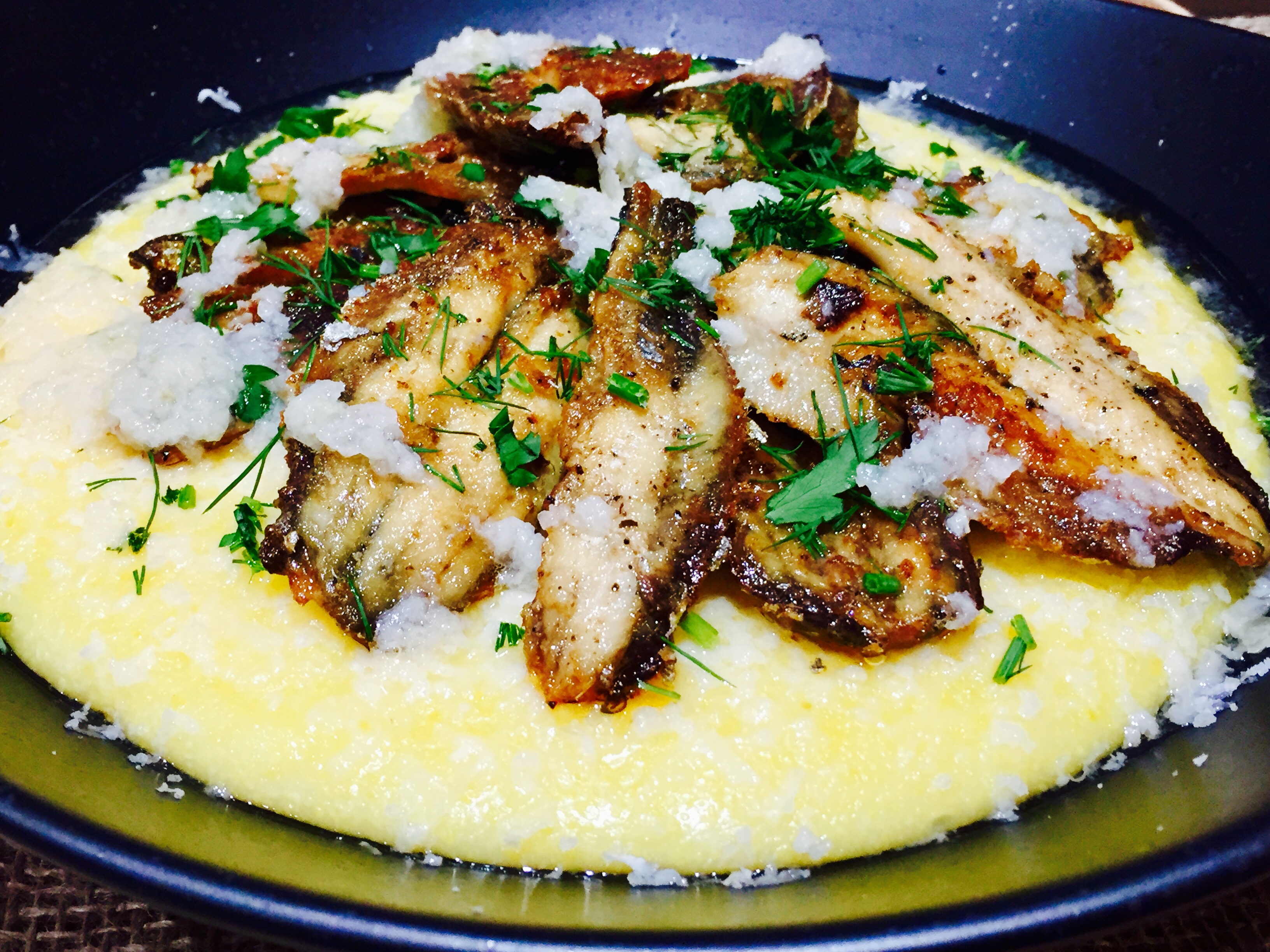 sardine and polenta with garlic and cheese