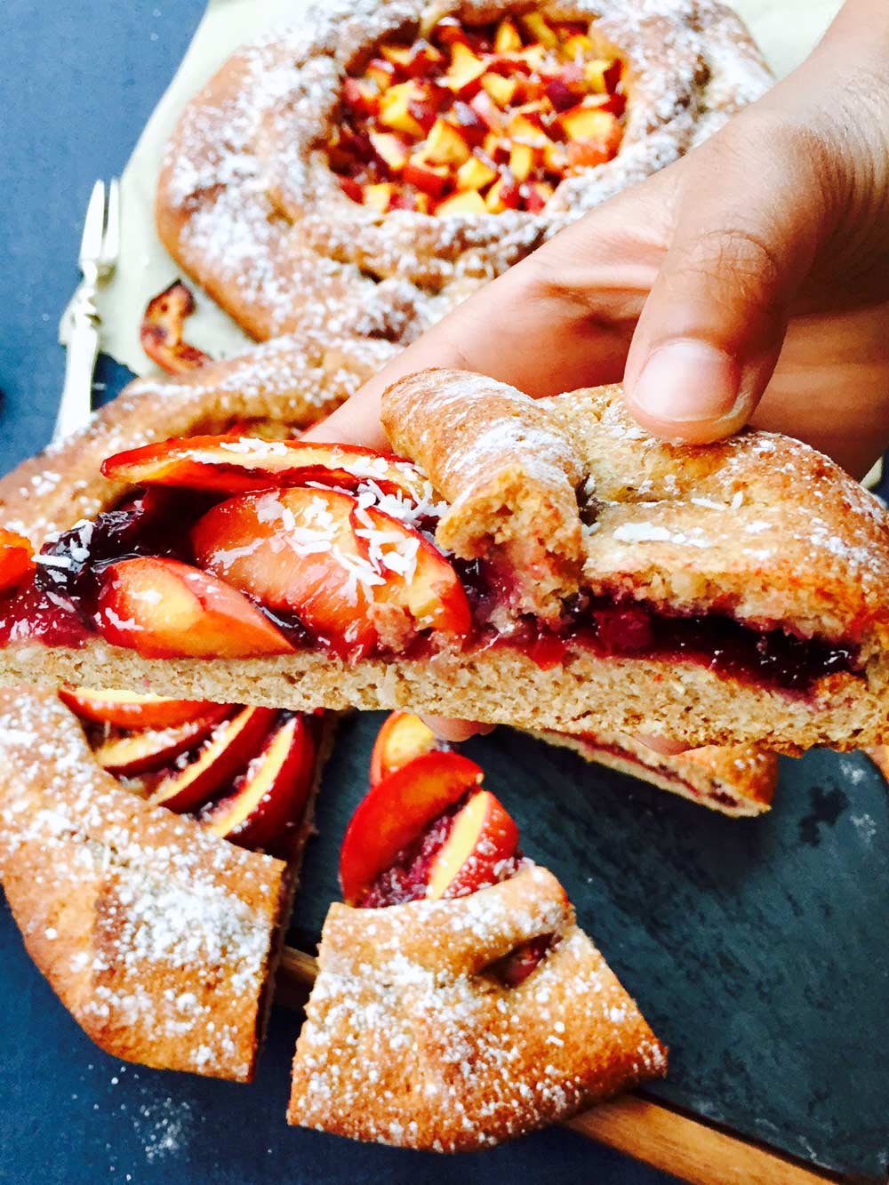 Spelt flour, coconut, quince jam and peach galette