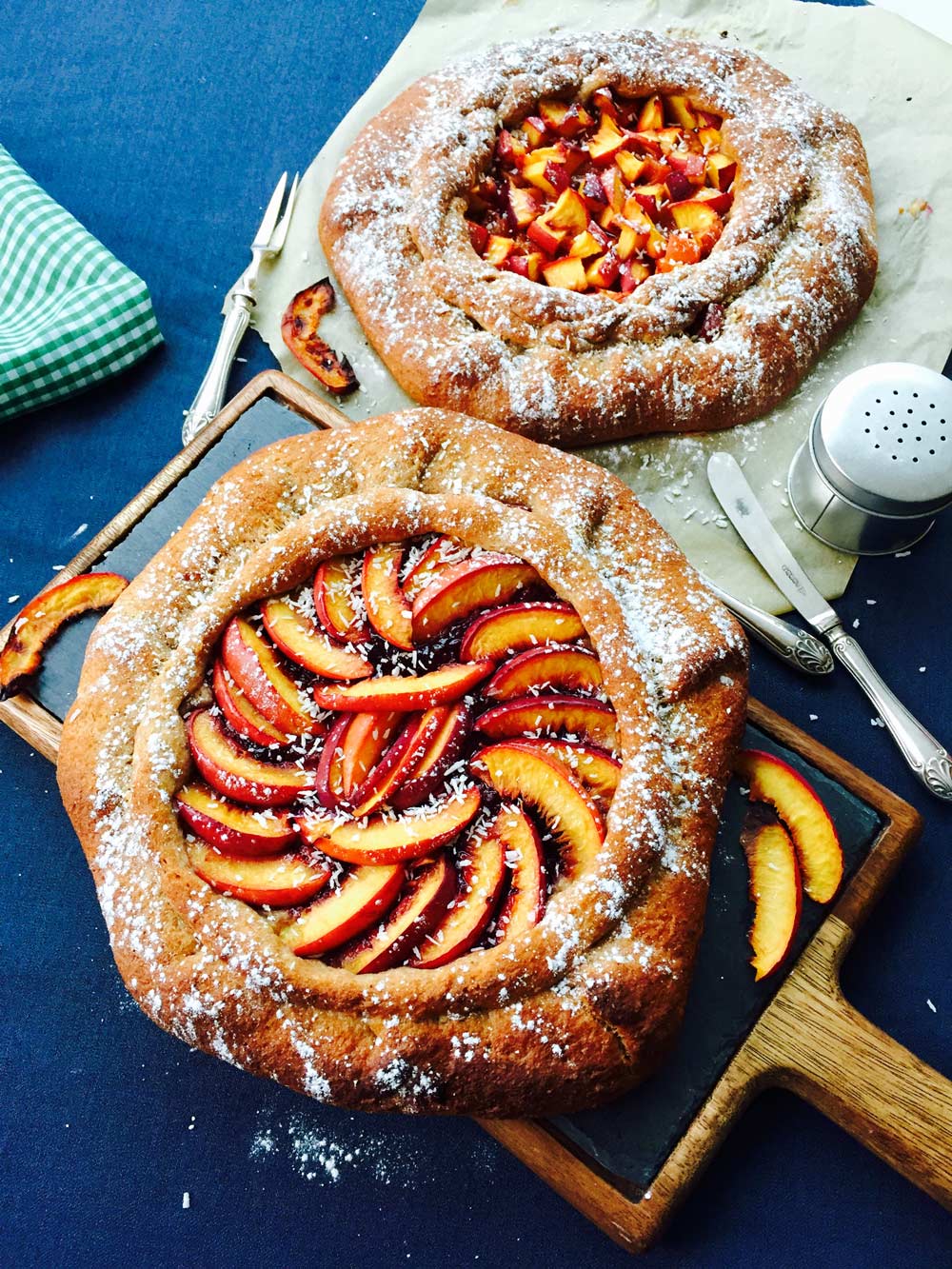 Spelt flour, coconut, quince jam and peach homemade galette