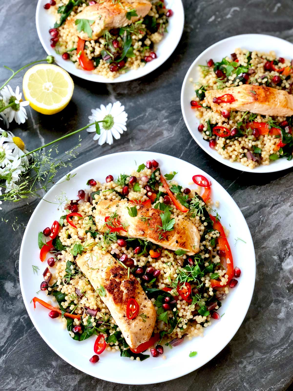 Swiss chard, salmon, turmeric and fresh lovage warm salad