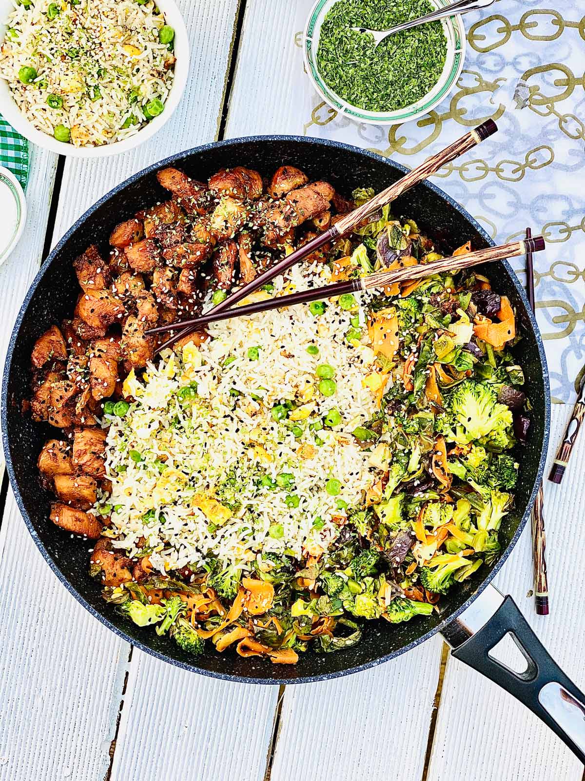 Teriyaki chicken egg fried rice with vegetables