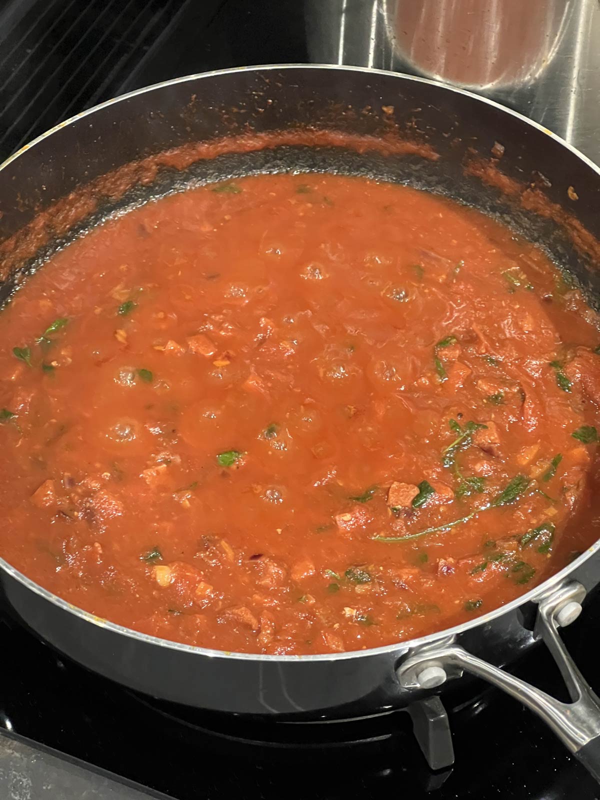Tomato sauce, ready for the prawn and chorizo pasta dish.
