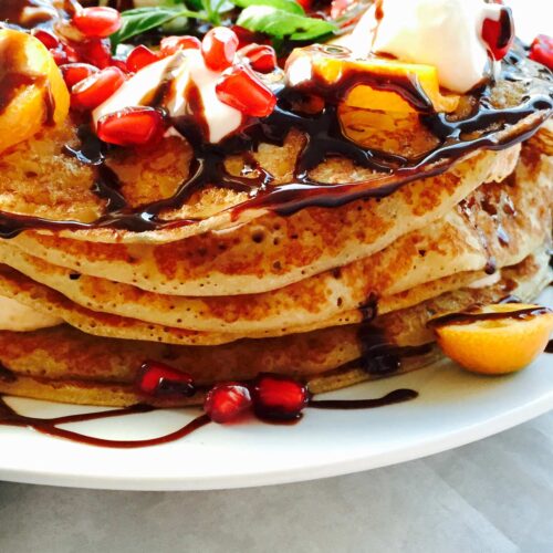 Tutti frutti fluffy pancake cake with fruits