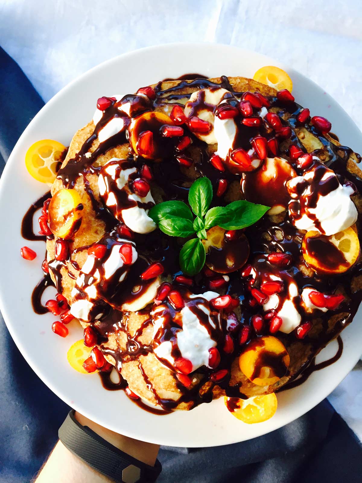 Tutti frutti fluffy pancake cake with fruits and crème boola-boola