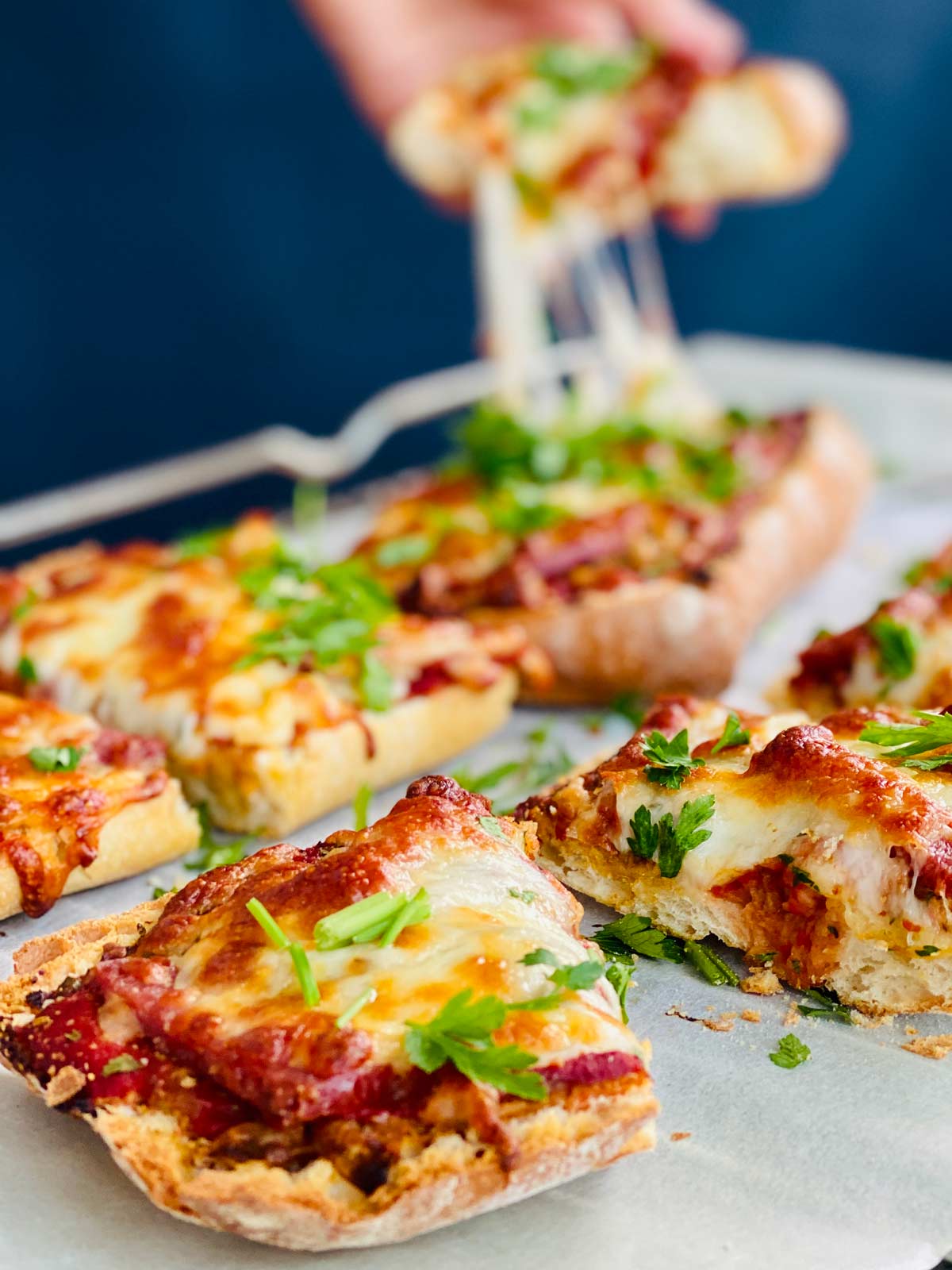 Vegetarian pizza on ciabatta bread with cheese and tomato