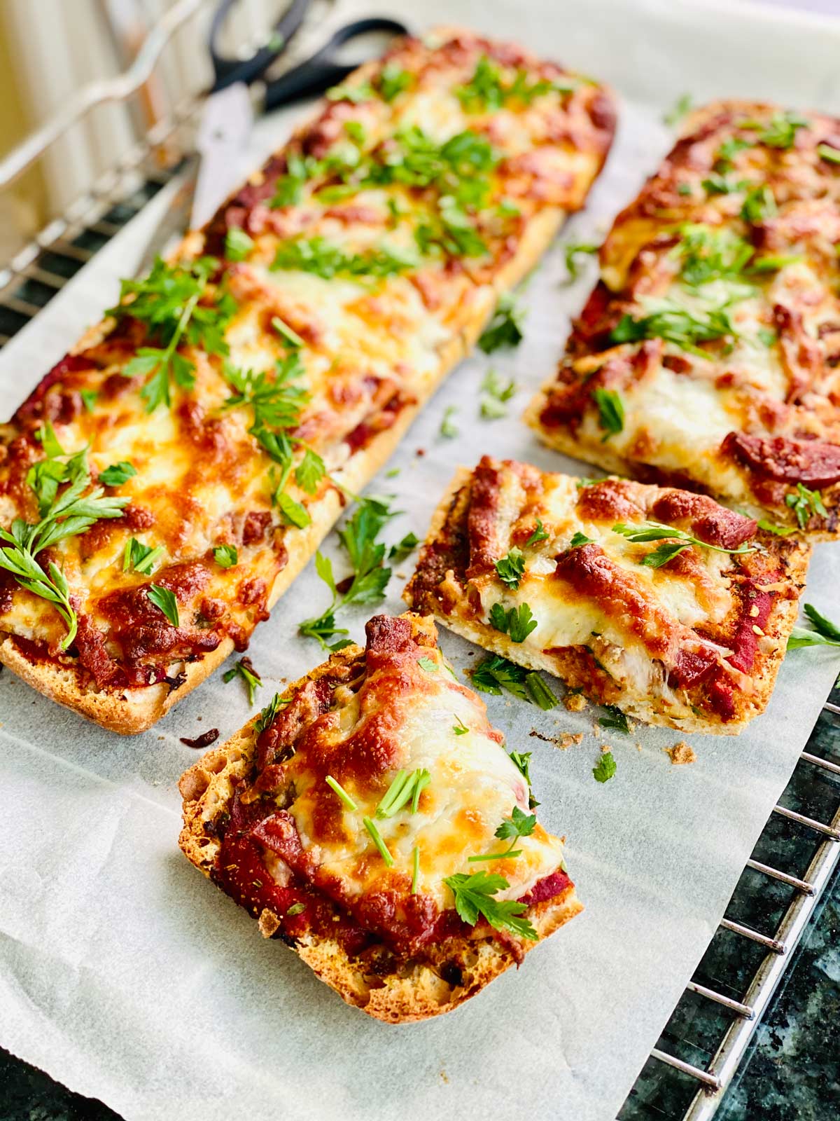 Vegetarian pizza on ciabatta bread with cheese,tomato and parsley