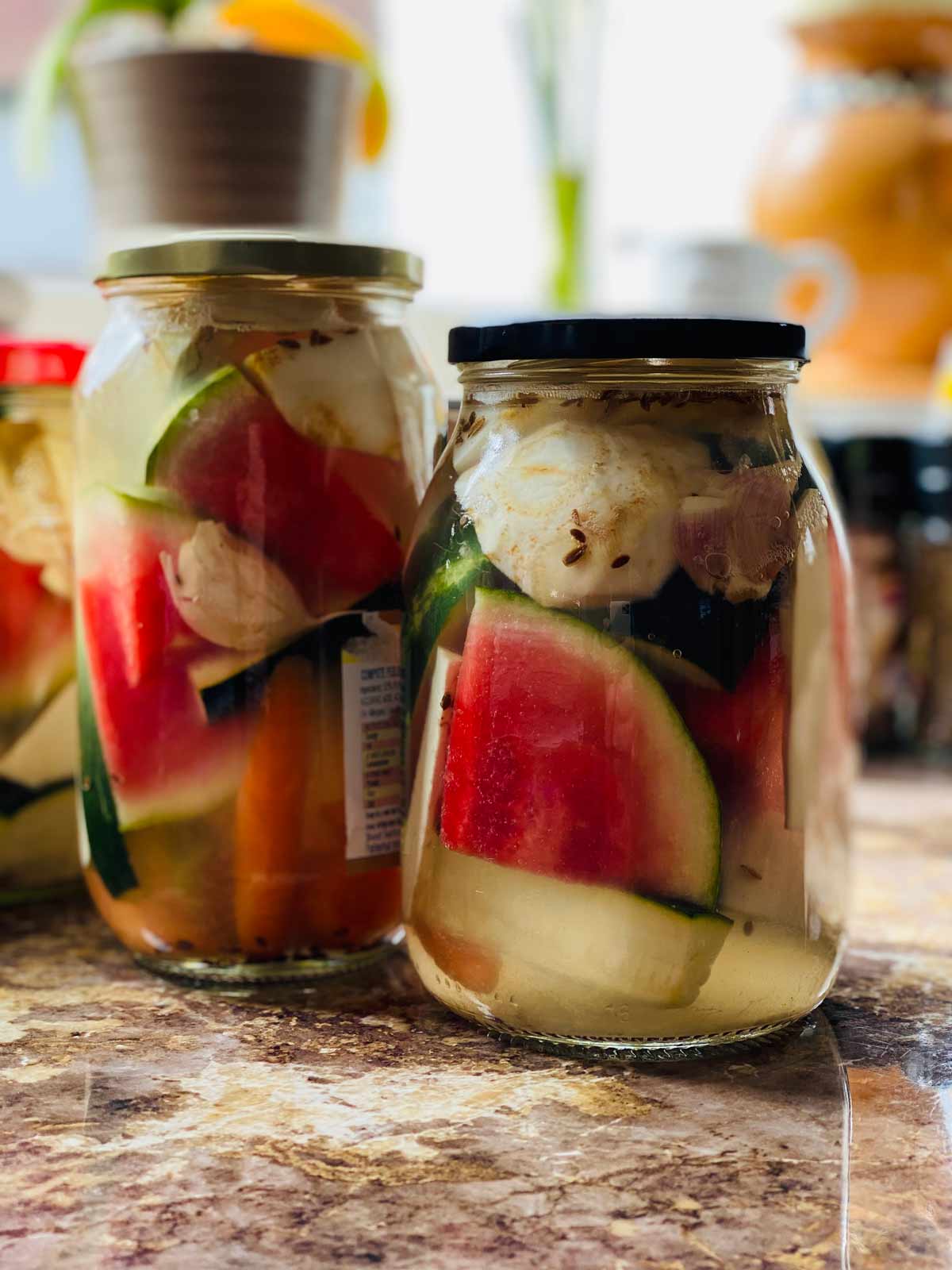 Watermelon slices in jars pickling