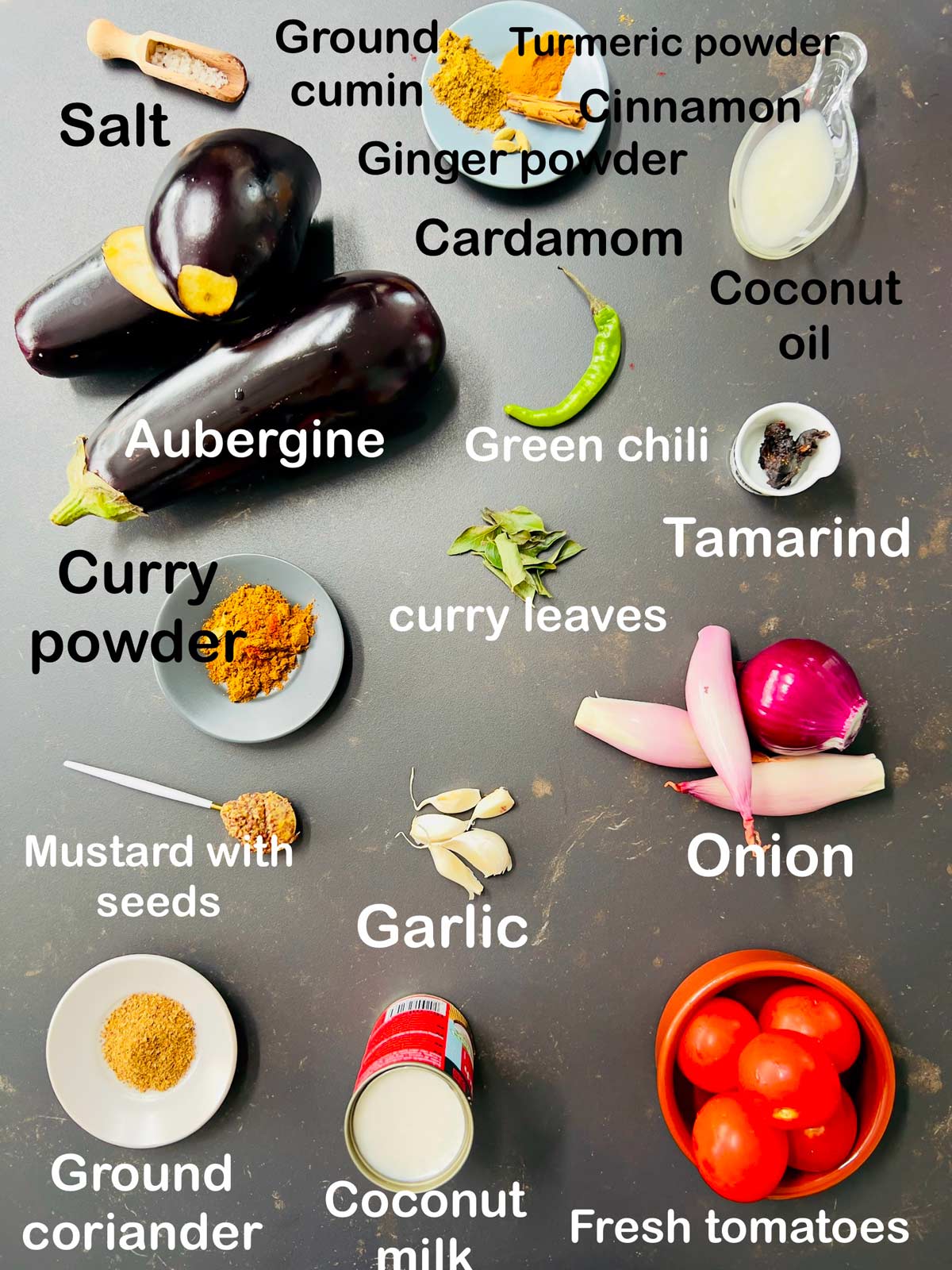 All the ingredients needed to make aubergine or eggplant curry (aubergine, spices, coconut oil, green chili, curry powder, curry leaves, tamarind, onion, mustard with seeds, garlic, ground coriander, coconut milk, fresh tomatoes).