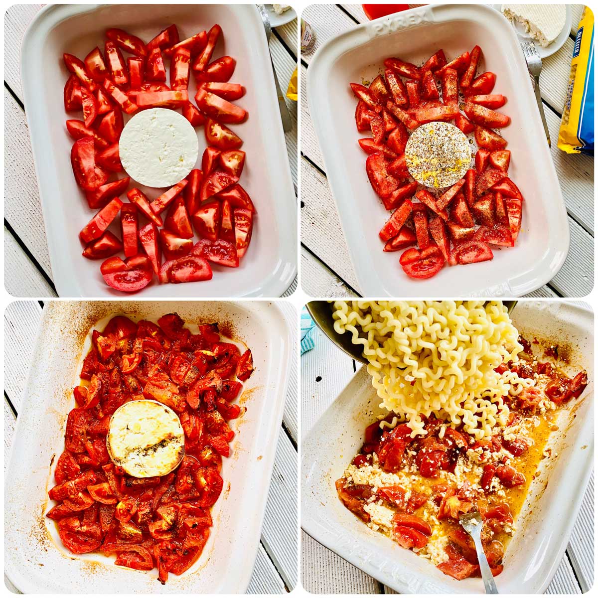 Four steps to make baked feta pasta