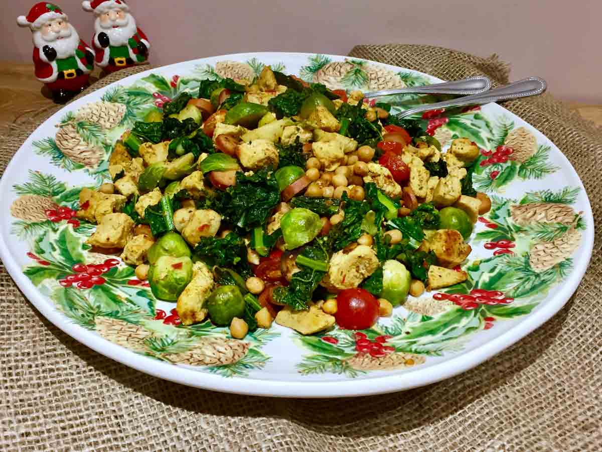 A festive plate of curried Brussels sprouts, with chicken and chopped cavolo Nero.