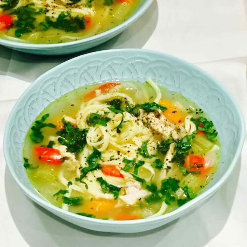 A bowl of chicken soup, a comfort food for all seasons, especially winter.