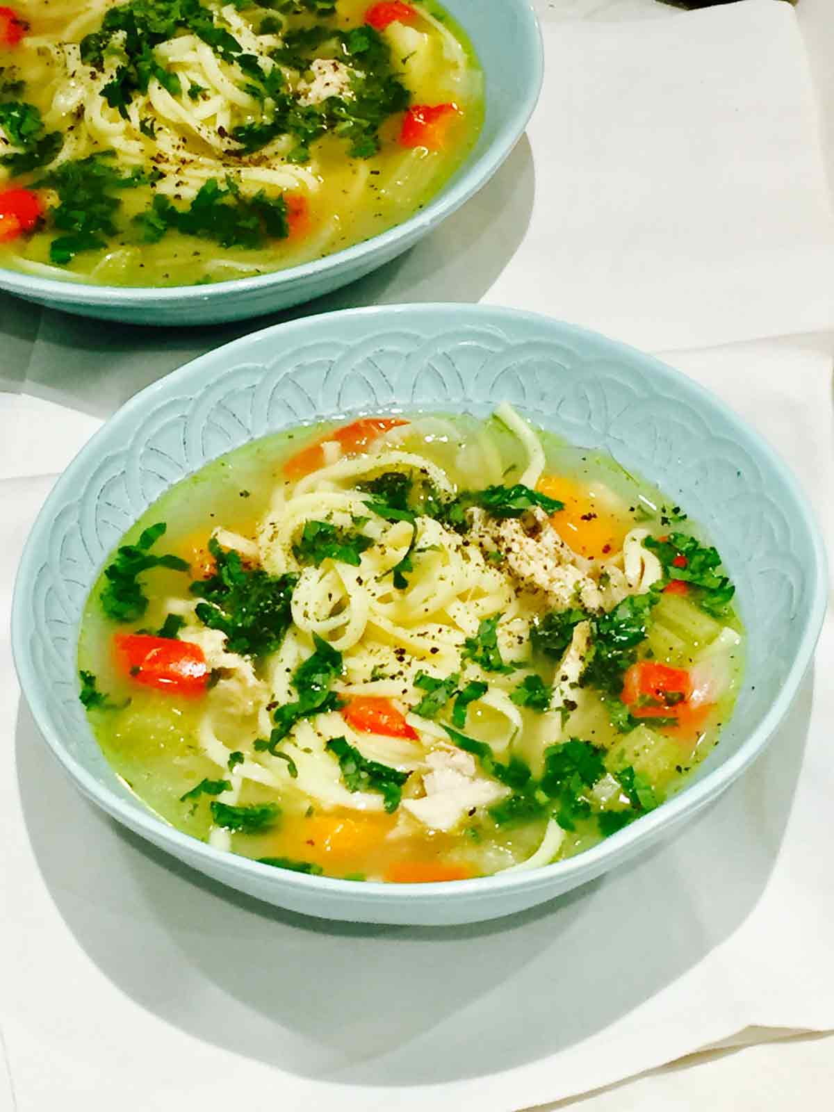 A bowl of chicken soup, a comfort food for all seasons, especially winter.