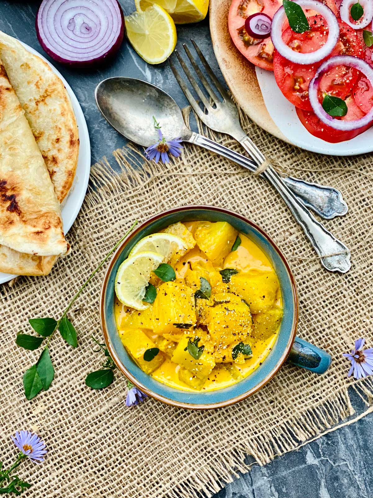 Birdseye of curry with pineapple (Sri Lankan style) ready to be tucked in