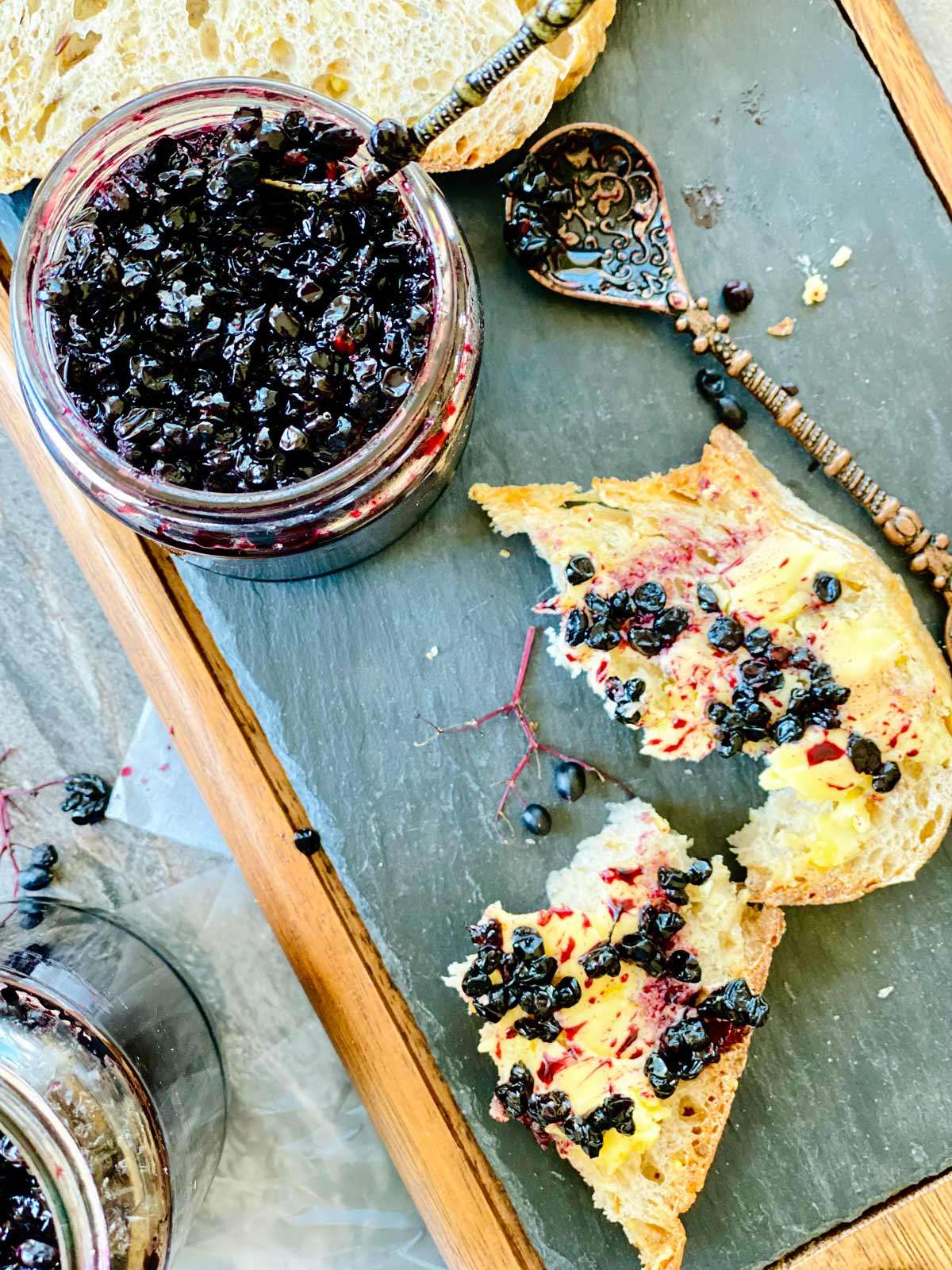 Birds eye view of elderberry jam.