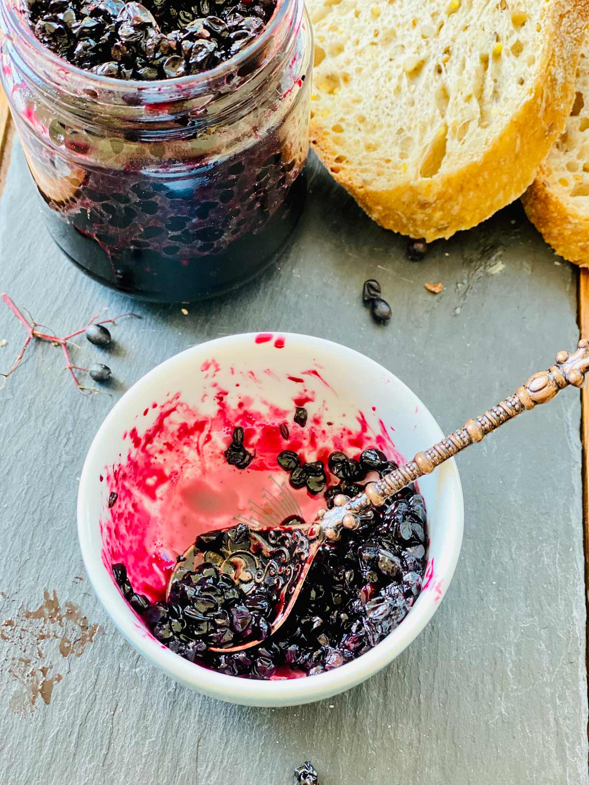 Close-up of beautifully coloured elderberry jam.