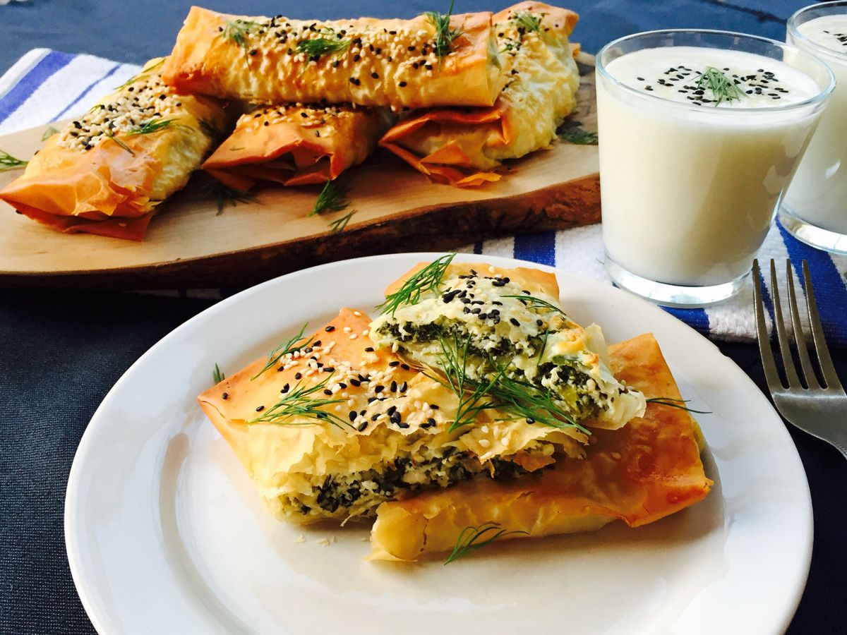 Feta and ricotta cheese with spinach and dill filo wraps