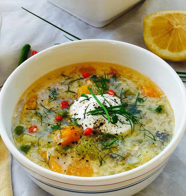 A close-up of the creamy fish chowder soup