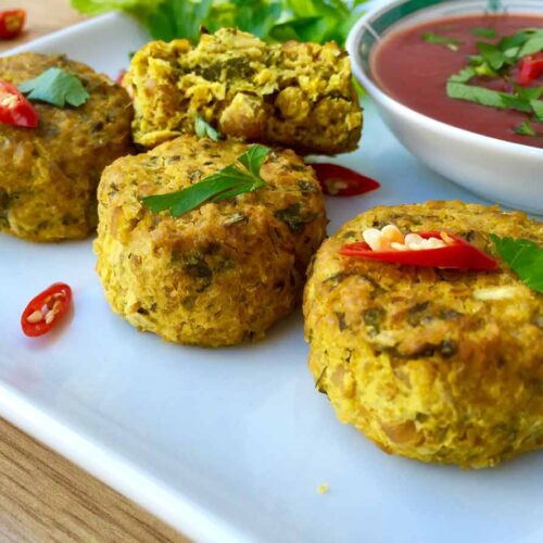 Gluten free falafel, on a white square plate