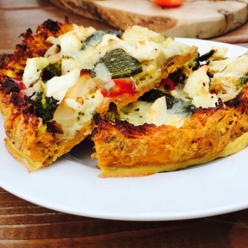 Enjoy a scrumptious gluten free veggie pizza, a low carb vegetable dish full of flavors and a fast feast to prepare.