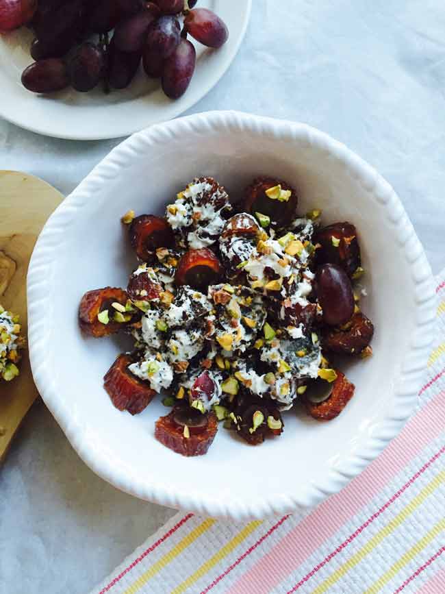 A salad variation of the dates, grapes and goat cheese super snacks