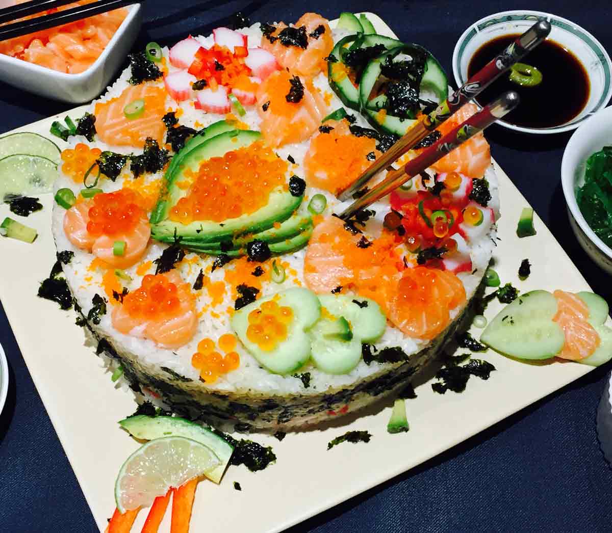 A delightful plate of homemade sushi cake.