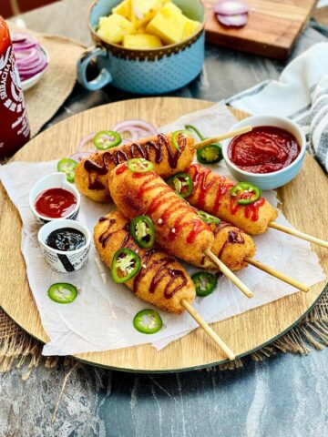 Korean corn dog on a wooden plate with a zigzag drizzle of sriracha and brown sauce and jalapeño slices scattered over
