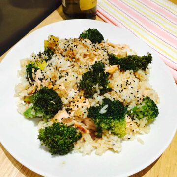 A mess of salmon, rice and broccoli