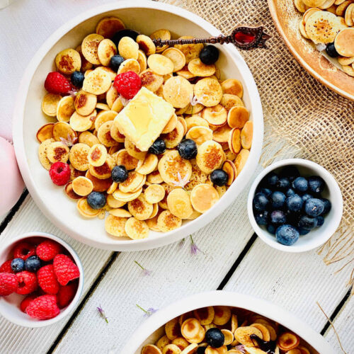 mini pancakes with blueberries and raspberries