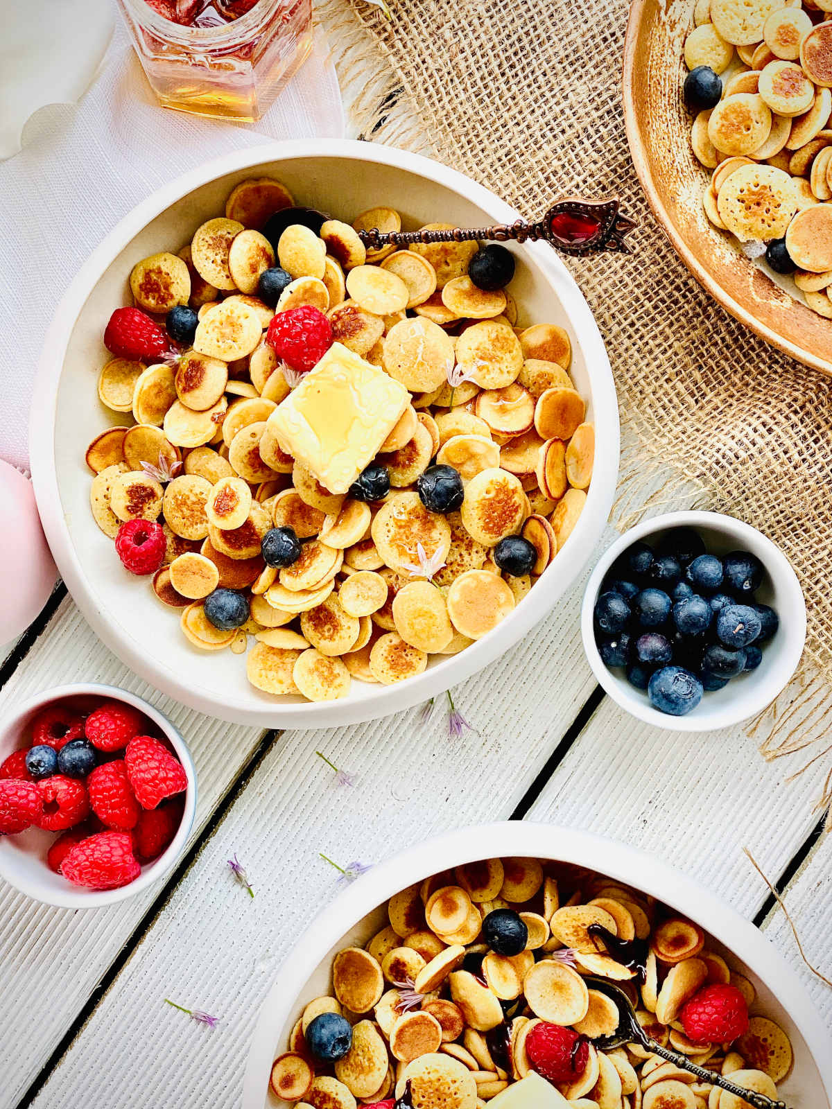 mini pancakes with blueberries and raspberries