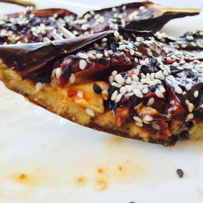 A closeup of the marinated miso aubergines